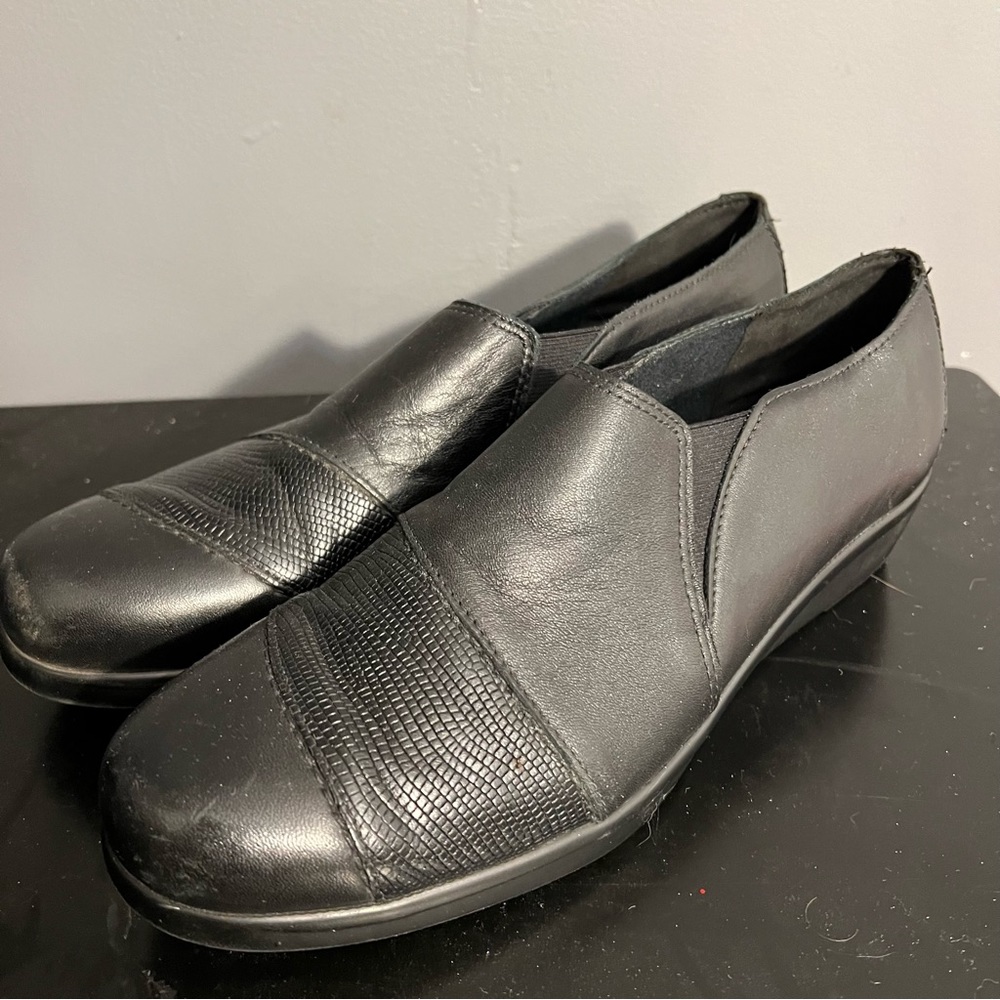 SAS Nora Black Slip On Leather Wedge Comfort Loafer sz 10.5 N Women’s